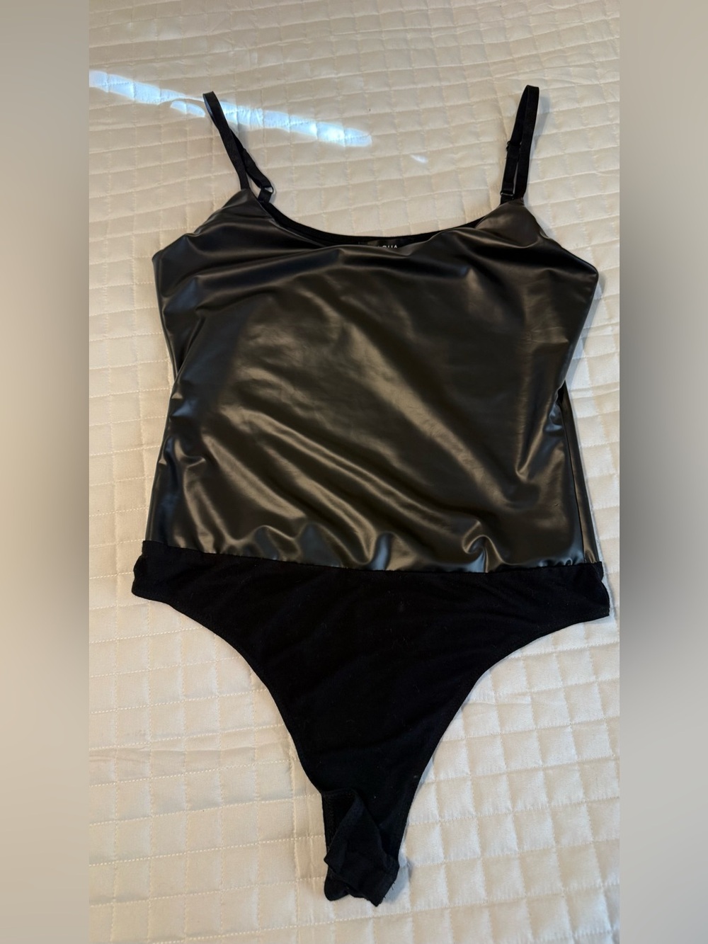 Aqua Black Faux Leather Bodysuit Adjustable Straps
